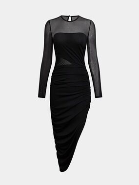 Cupshe Black Sheer-Panel Ruched Long-Sleeve Midi Dress